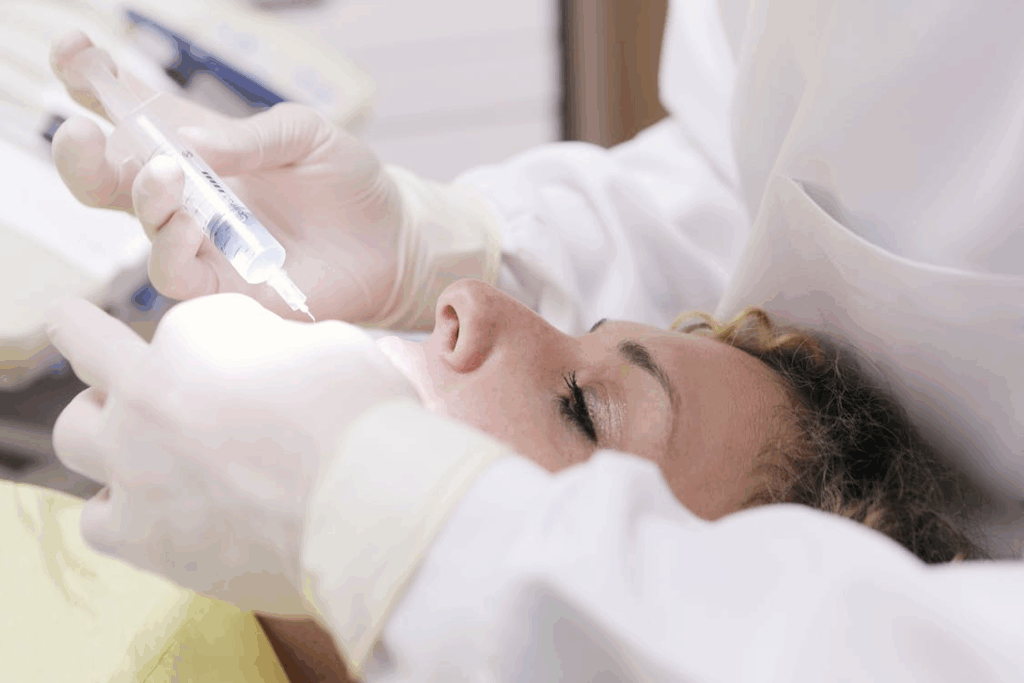 A dentist administering an injection to a patient during a dental procedure