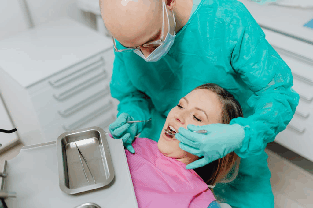 An image of a dentist performing an oral exam on a patient
