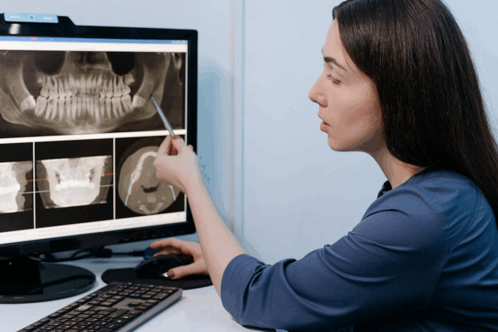 An image of a woman pointing to a dental scan on a computer