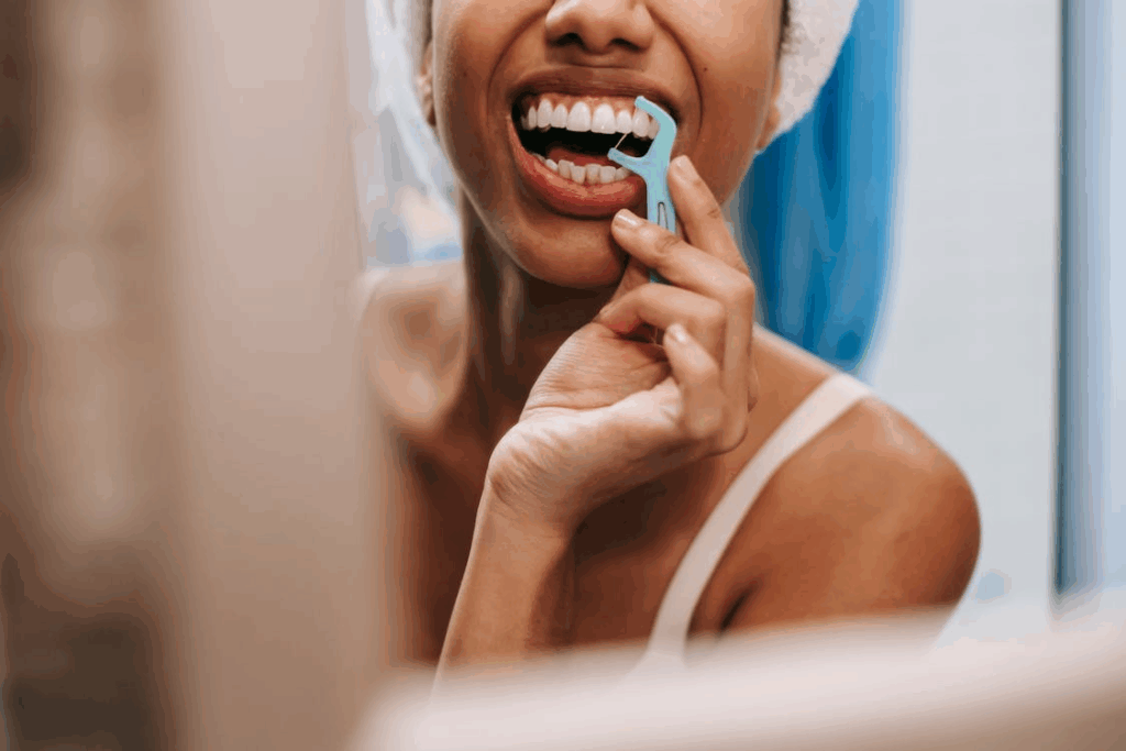 An image of a woman’s reflection in the mirror as she flosses her teeth
