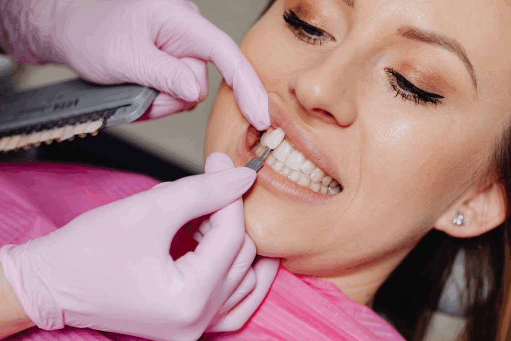A dentist wearing pink gloves matches a tooth shade for a smiling woman during a dental procedure