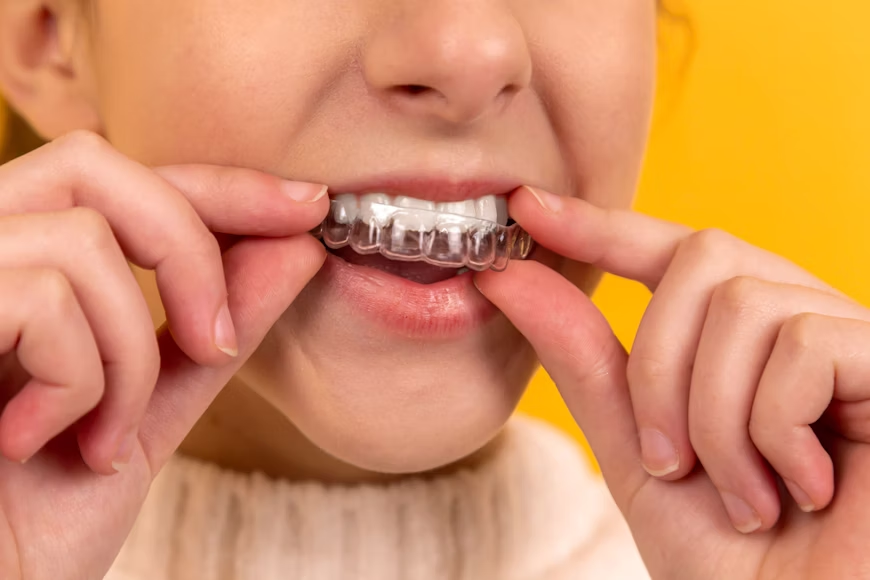 A person is placing a clear dental aligner or retainer onto their upper teeth against a bright yellow background