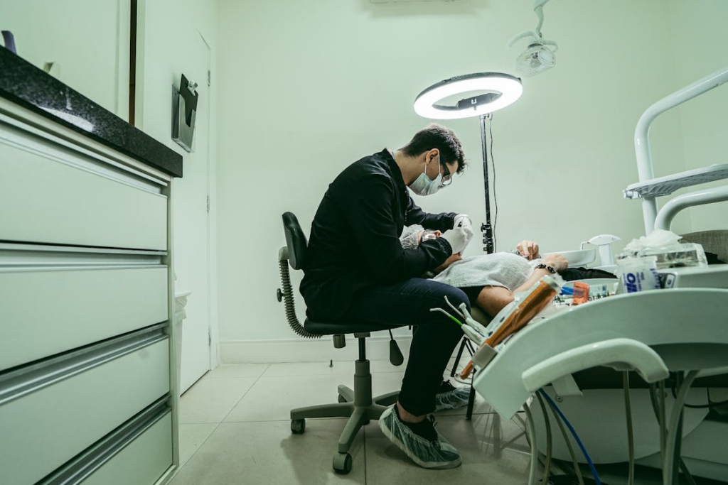 This photo shows a patient undergoing dental treatment
