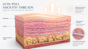 a diagram showing PDO Smooth Threads placed in the skin's dermal layer