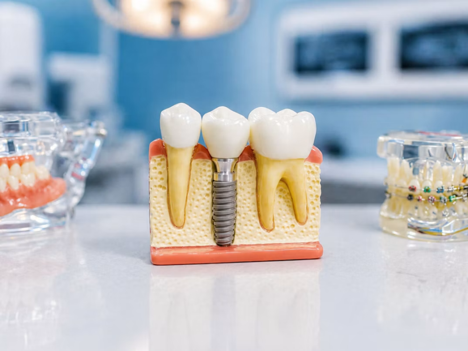 A cross-section model showing a dental implant post and crown placed between two natural teeth